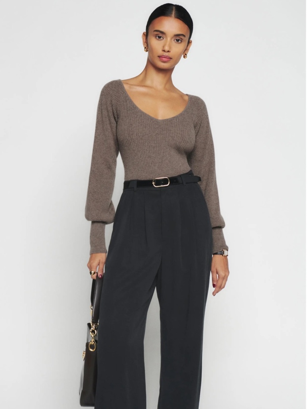 REFORMATION Hart Scoop Neck Cashmere Cocoa Ribbed Sweater Top